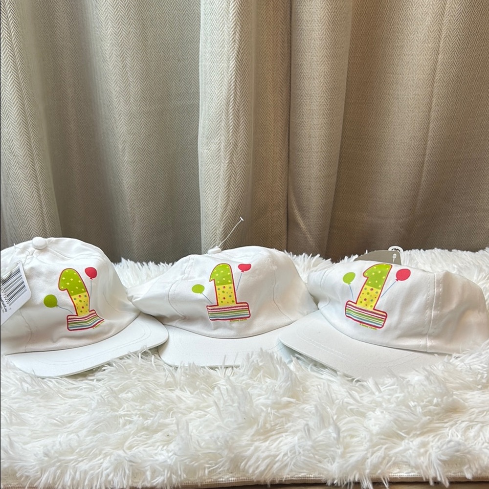 Baby's First Birthday White Baseball Cap Stretch Set of 3